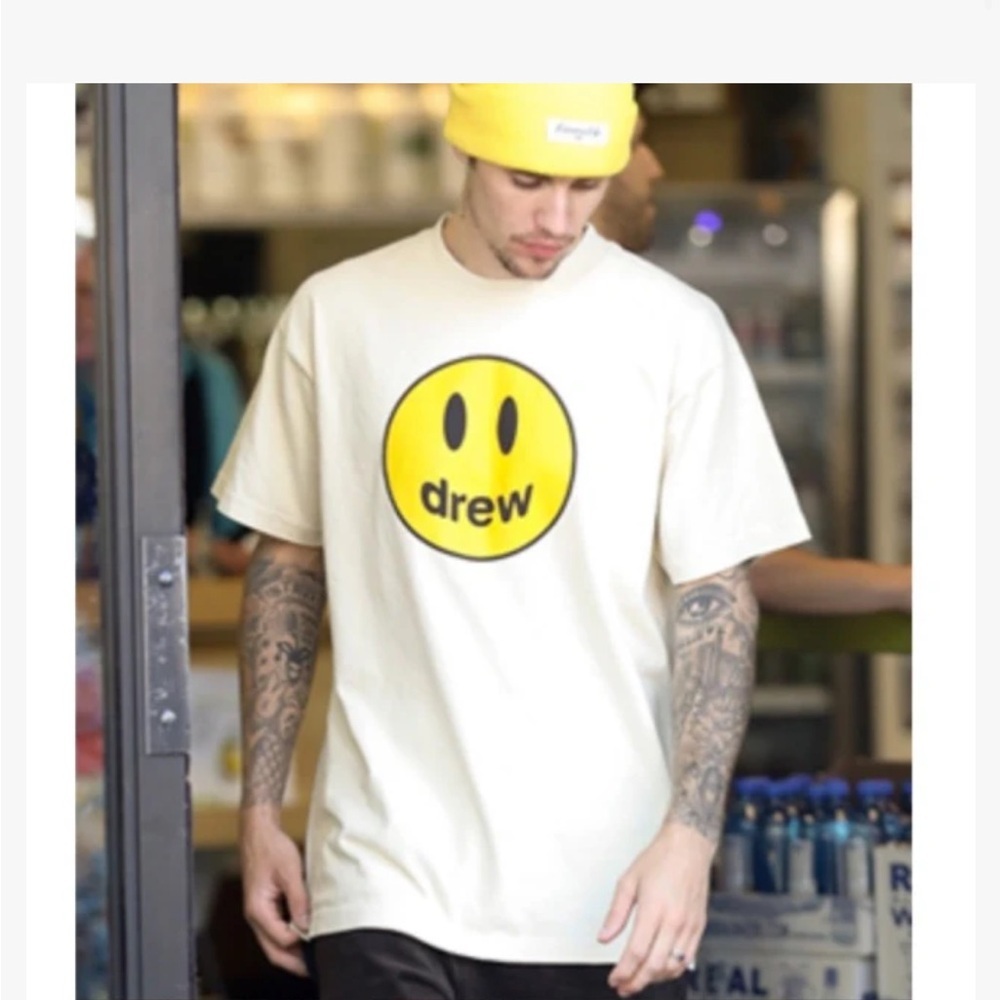 drew house yellow + Cream T-Shirt with Yellow Smiley Logo